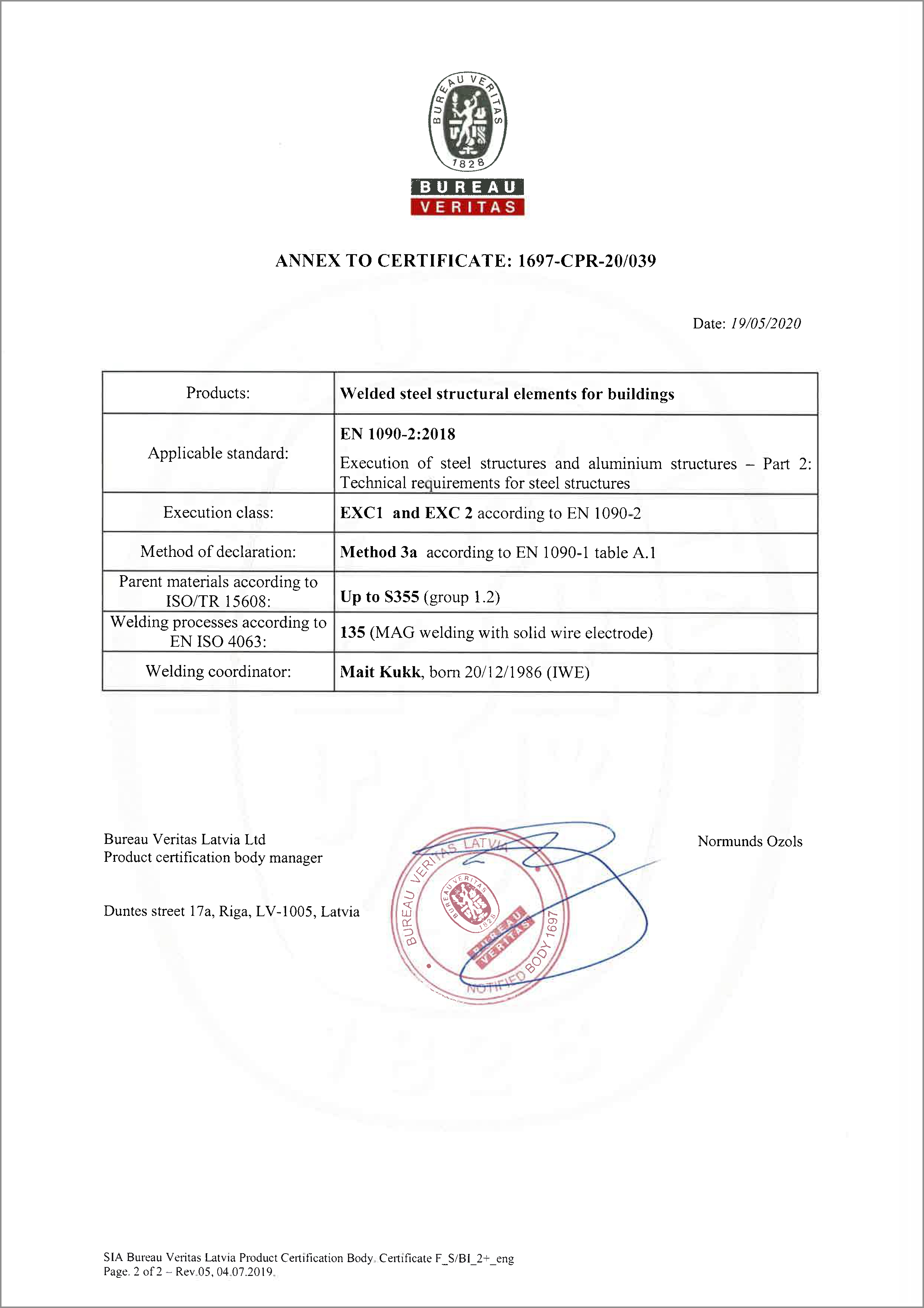 Metal building constructions sertificate