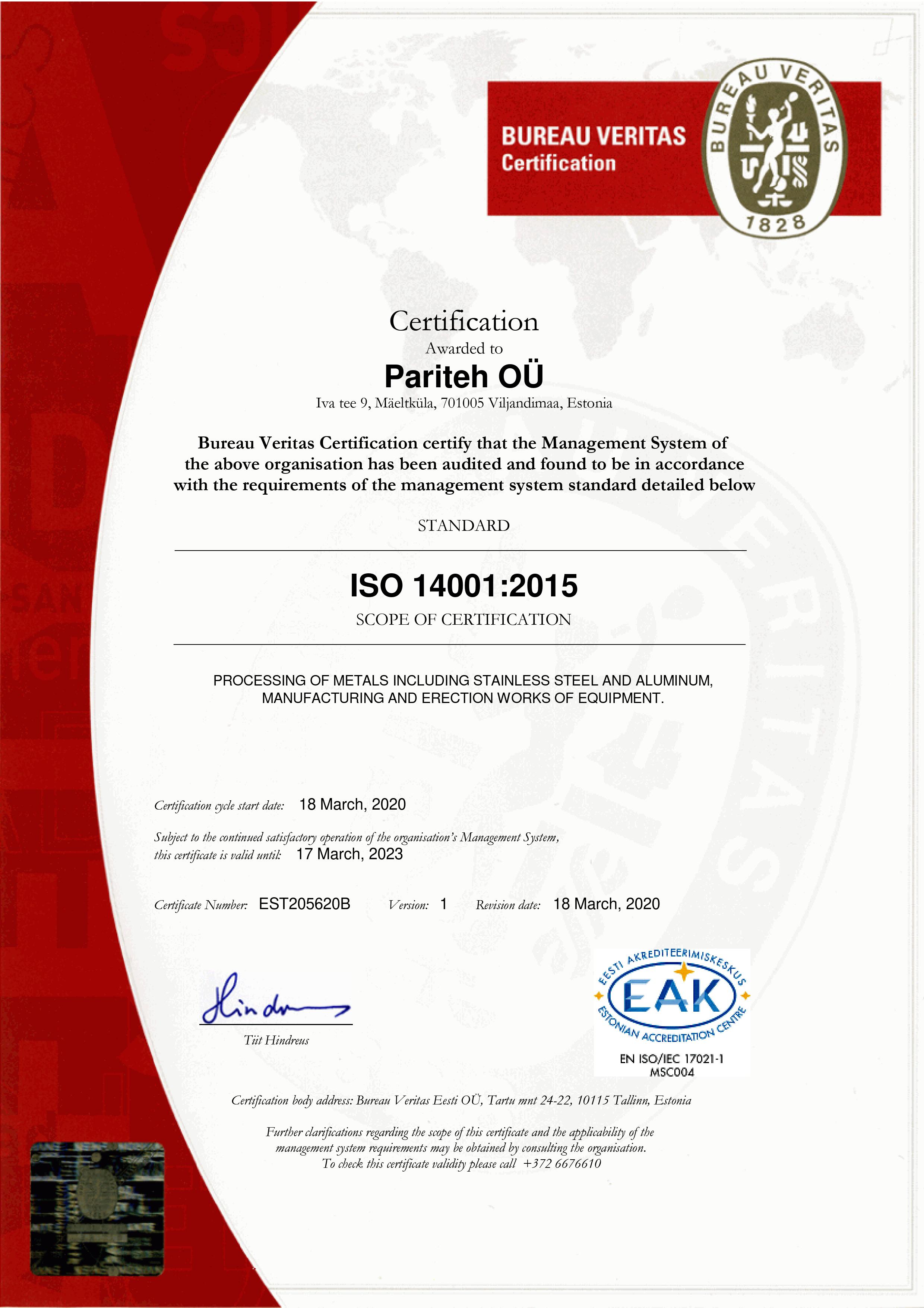 ISO keskkonnajuhtimise sertifikaat